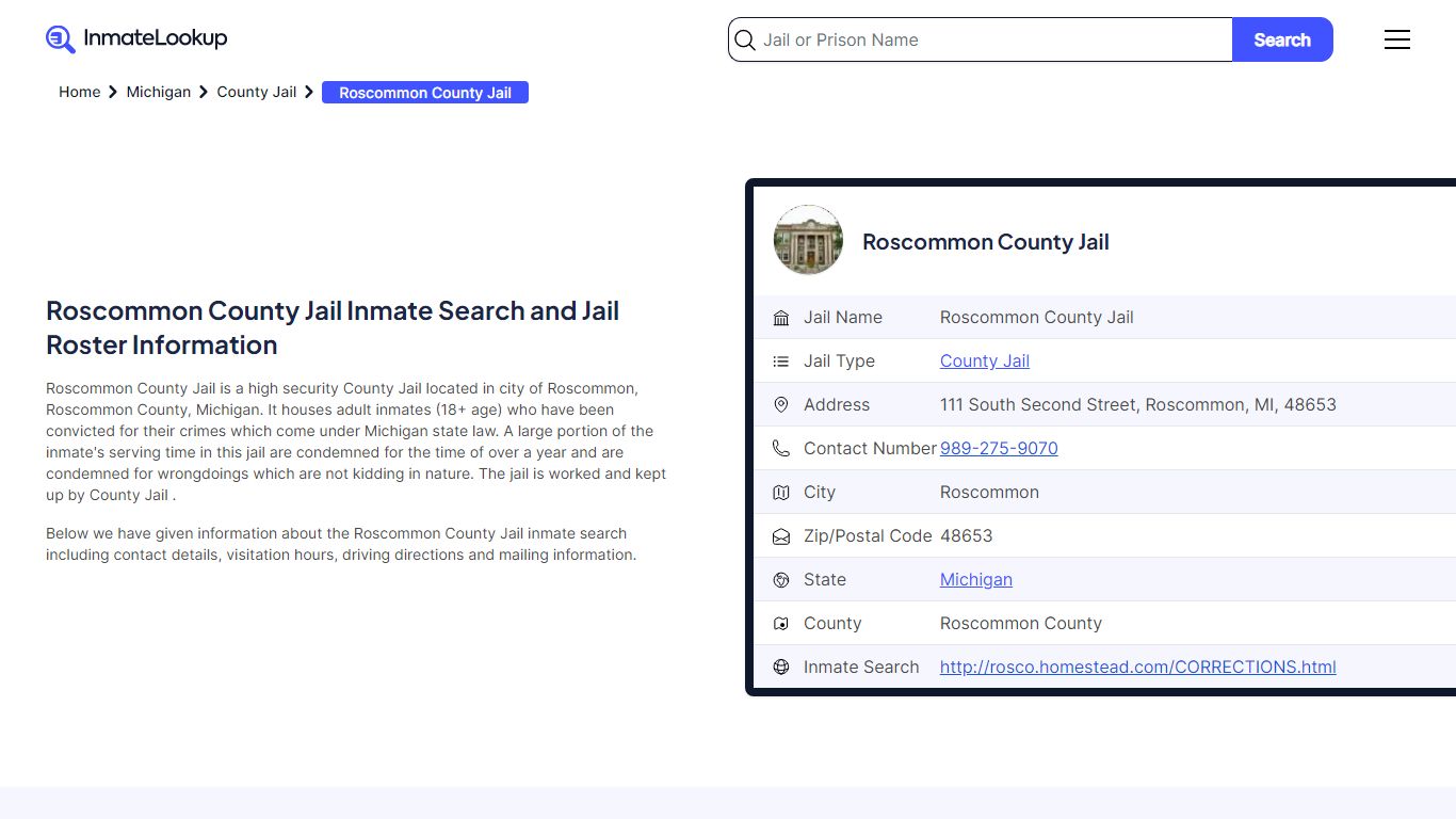 Roscommon County Jail (MI) Inmate Search Michigan - Inmate Lookup
